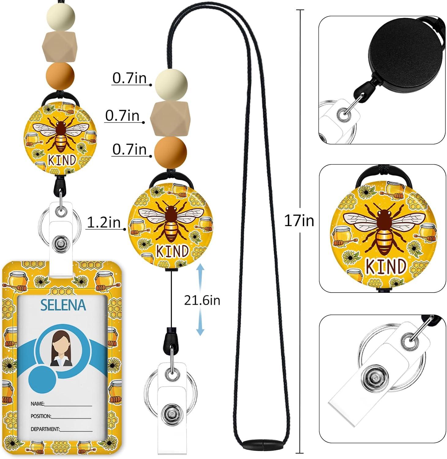 imageTeacher Retractable Lanyards for Id Badges Forest ID Holder with Silicone Beaded Lanyard Badge Reel Retractable Cute Name Tag Work Office Supplies for Men Women Teacher GiftsBee