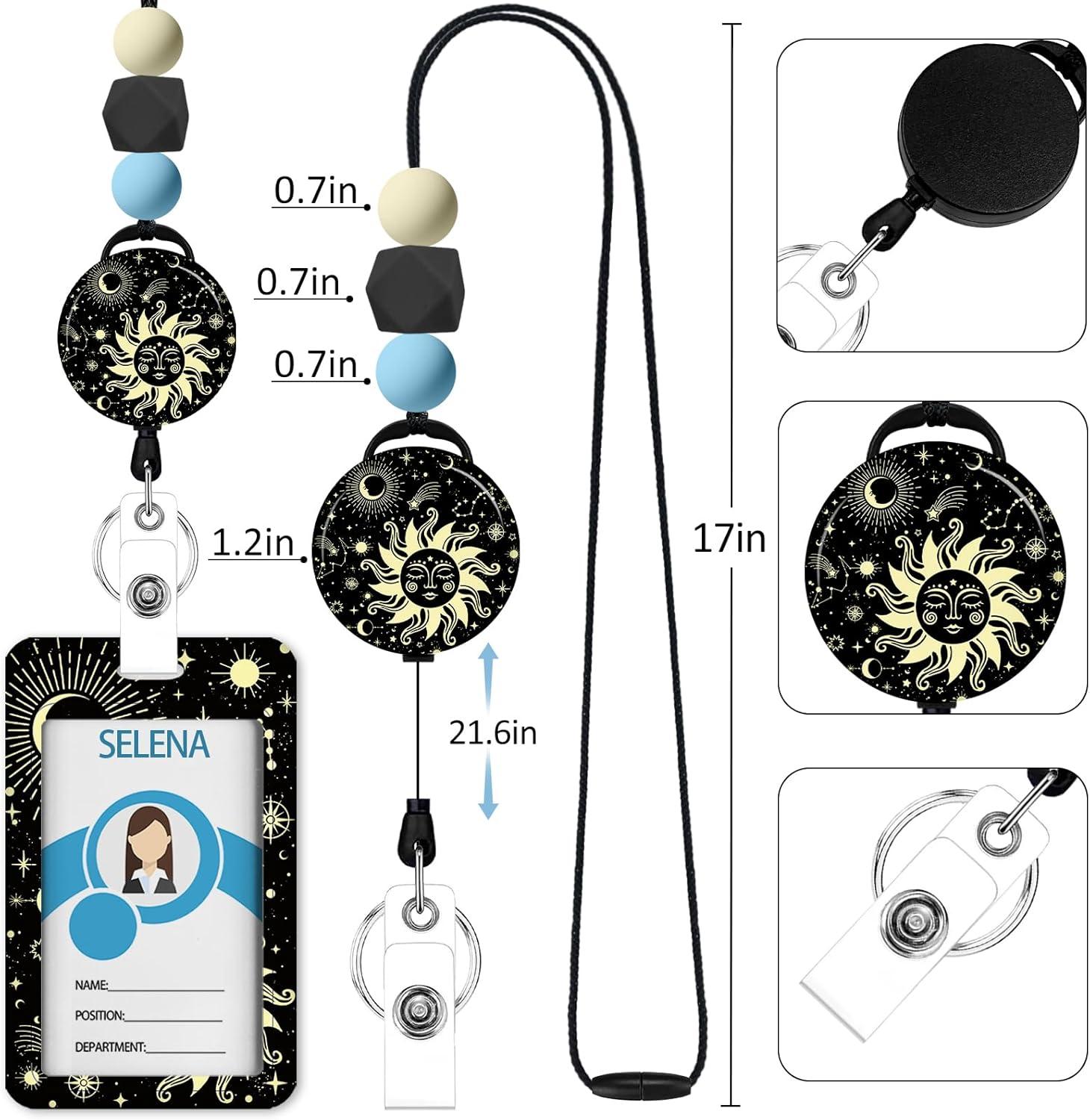 imageTeacher Retractable Lanyards for Id Badges Forest ID Holder with Silicone Beaded Lanyard Badge Reel Retractable Cute Name Tag Work Office Supplies for Men Women Teacher GiftsMoon Sun