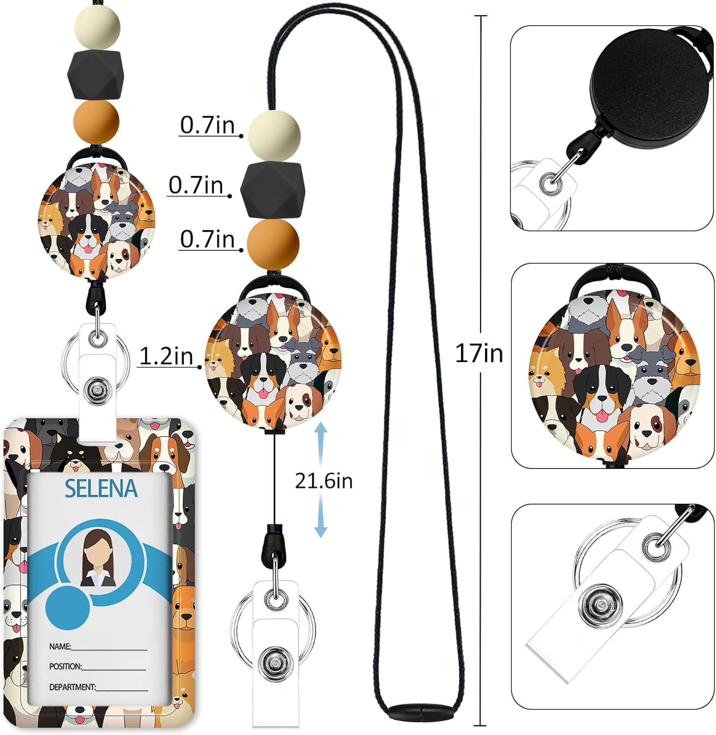 imageTeacher Retractable Lanyards for Id Badges Forest ID Holder with Silicone Beaded Lanyard Badge Reel Retractable Cute Name Tag Work Office Supplies for Men Women Teacher GiftsDogs