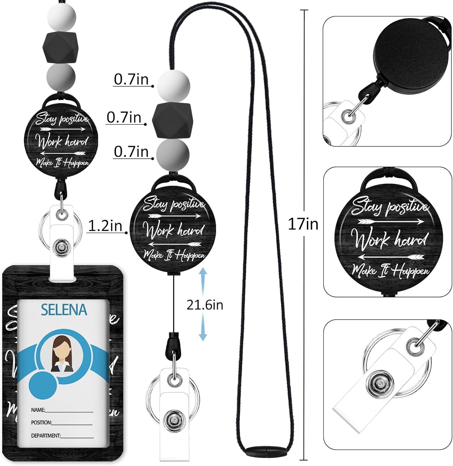 imageTeacher Retractable Lanyards for Id Badges Forest ID Holder with Silicone Beaded Lanyard Badge Reel Retractable Cute Name Tag Work Office Supplies for Men Women Teacher GiftsStay Positive