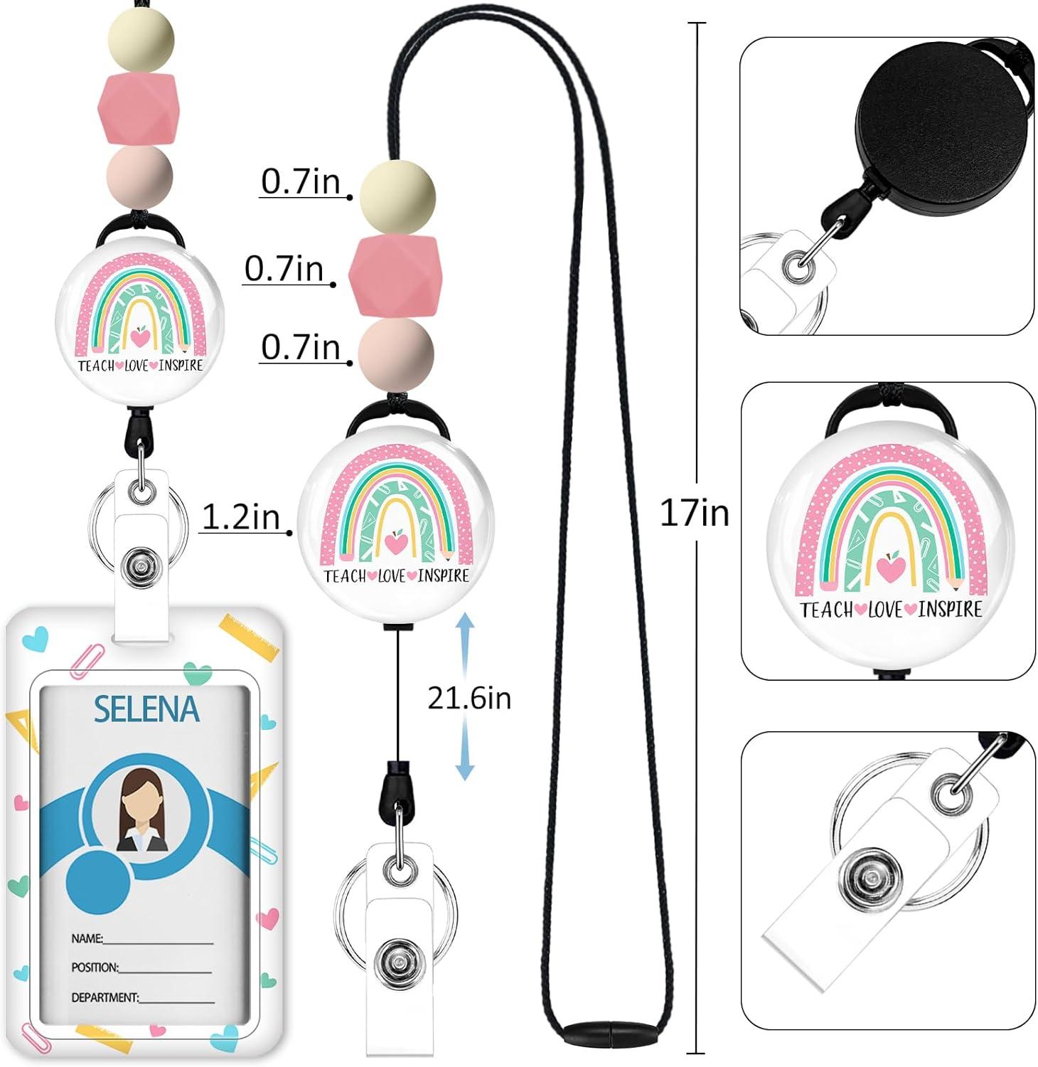 imageTeacher Retractable Lanyards for Id Badges Forest ID Holder with Silicone Beaded Lanyard Badge Reel Retractable Cute Name Tag Work Office Supplies for Men Women Teacher GiftsPink Rainbow