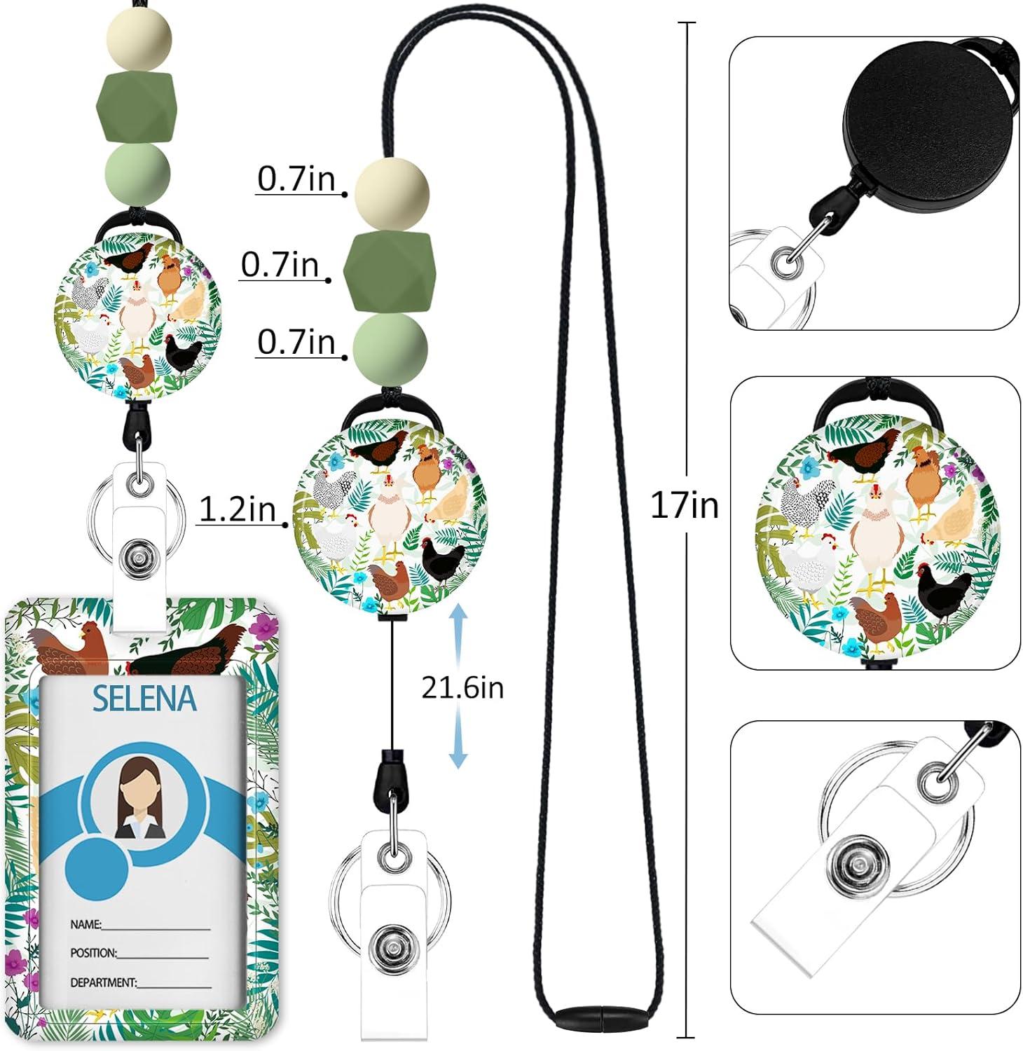 imageTeacher Retractable Lanyards for Id Badges Forest ID Holder with Silicone Beaded Lanyard Badge Reel Retractable Cute Name Tag Work Office Supplies for Men Women Teacher GiftsChicken