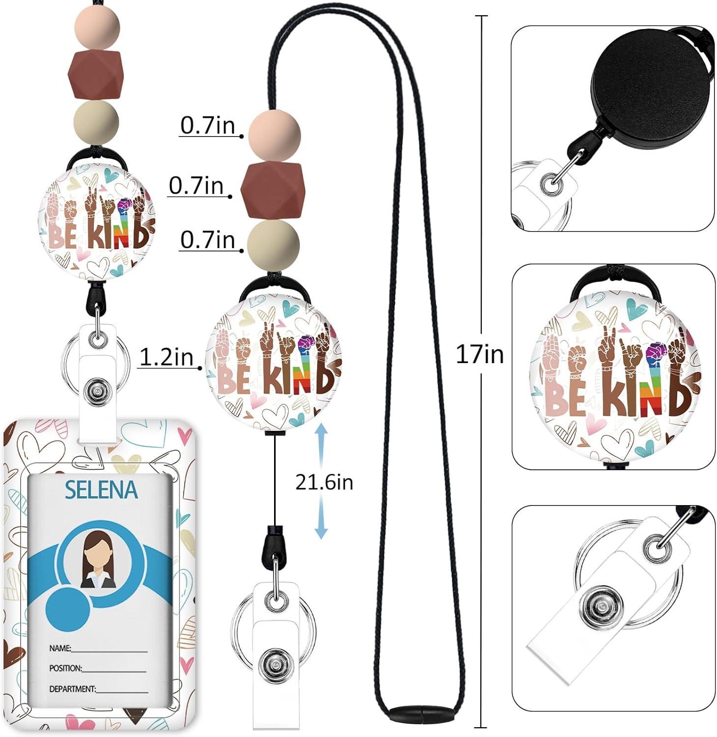 imageTeacher Retractable Lanyards for Id Badges Forest ID Holder with Silicone Beaded Lanyard Badge Reel Retractable Cute Name Tag Work Office Supplies for Men Women Teacher GiftsPositive