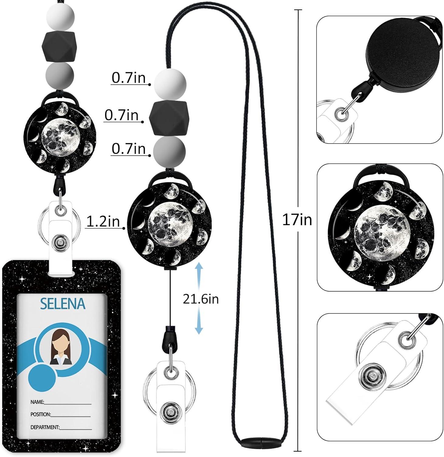 imageTeacher Retractable Lanyards for Id Badges Forest ID Holder with Silicone Beaded Lanyard Badge Reel Retractable Cute Name Tag Work Office Supplies for Men Women Teacher GiftsMoon