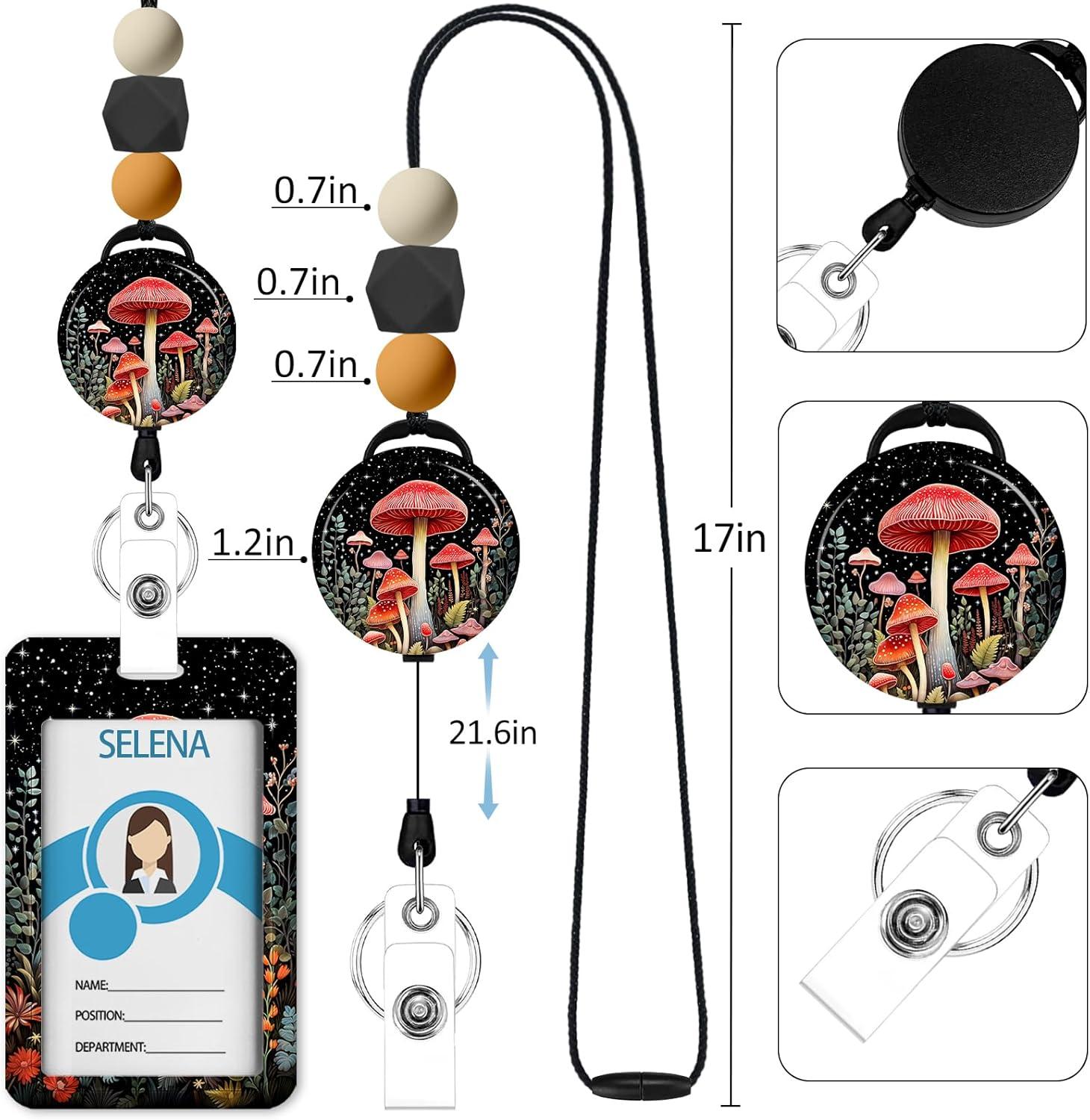imageTeacher Retractable Lanyards for Id Badges Forest ID Holder with Silicone Beaded Lanyard Badge Reel Retractable Cute Name Tag Work Office Supplies for Men Women Teacher GiftsMushroom