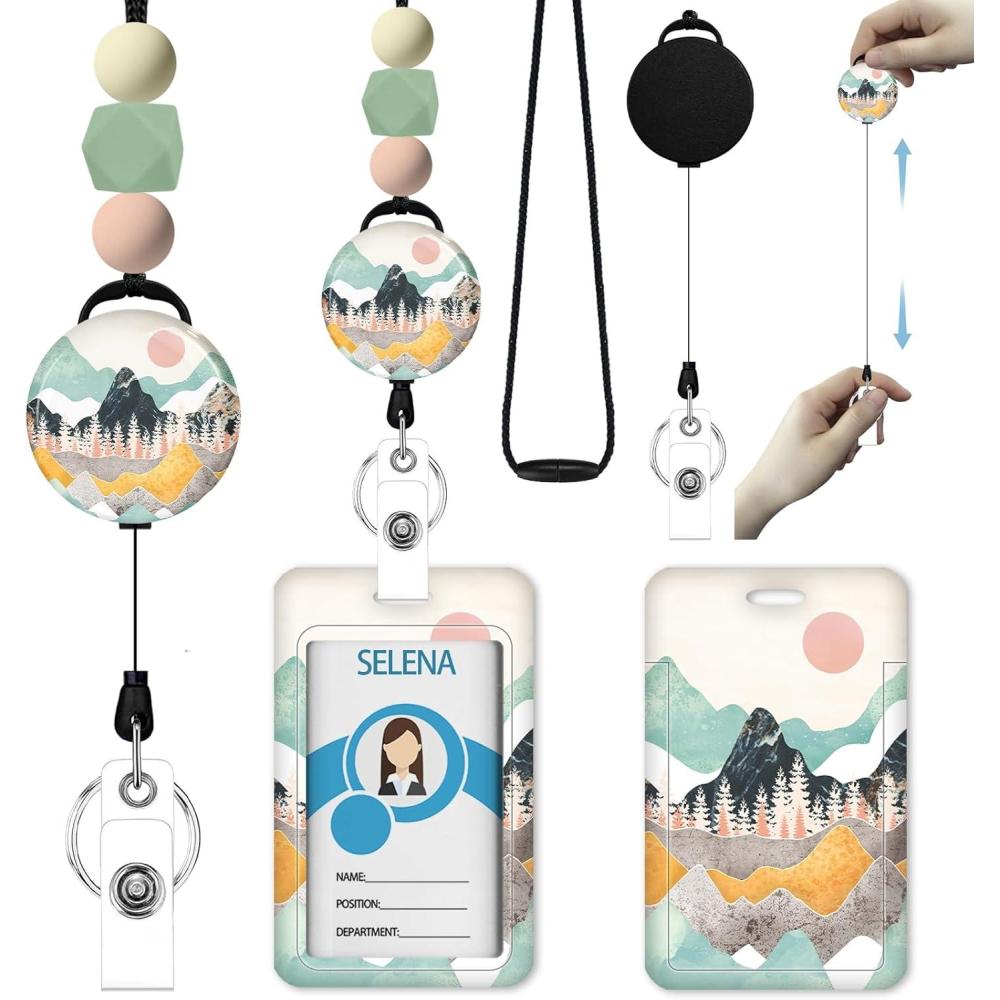 imageAutism Awareness Lanyards for Id Badges ID Badge Holder with Silicone Beaded Lanyard Badge Reel Retractable Clip Cute Lanyard with ID Holder Retractable Keychain Office Name Tag Badge HolderSunrise Mountain