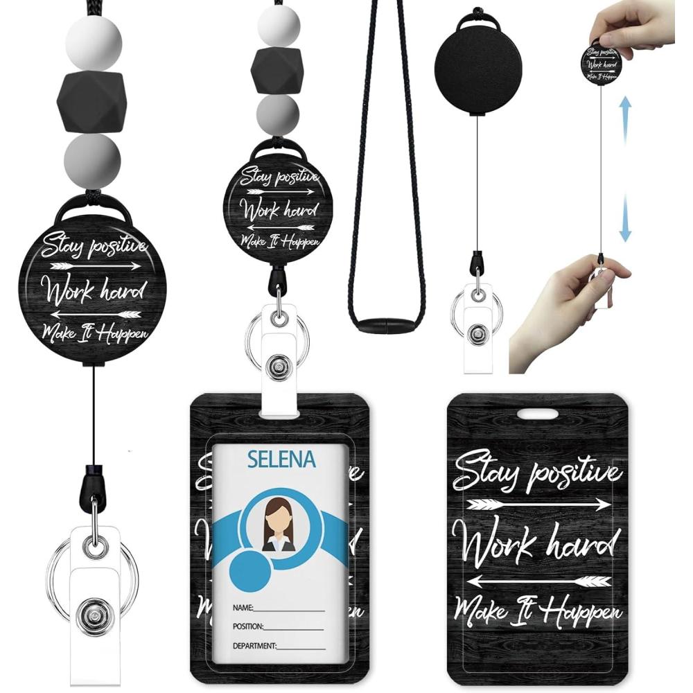 imageAutism Awareness Lanyards for Id Badges ID Badge Holder with Silicone Beaded Lanyard Badge Reel Retractable Clip Cute Lanyard with ID Holder Retractable Keychain Office Name Tag Badge HolderStay Positive