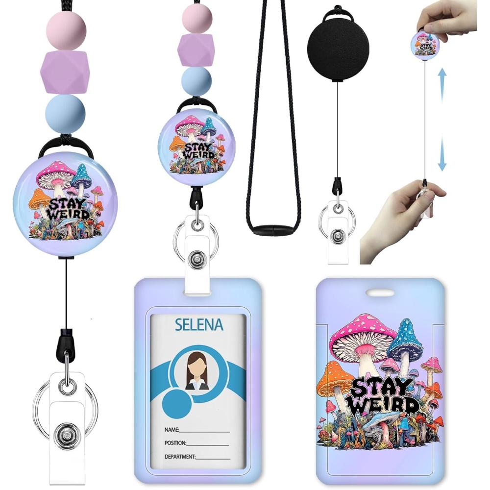 imageAutism Awareness Lanyards for Id Badges ID Badge Holder with Silicone Beaded Lanyard Badge Reel Retractable Clip Cute Lanyard with ID Holder Retractable Keychain Office Name Tag Badge HolderStay Weird