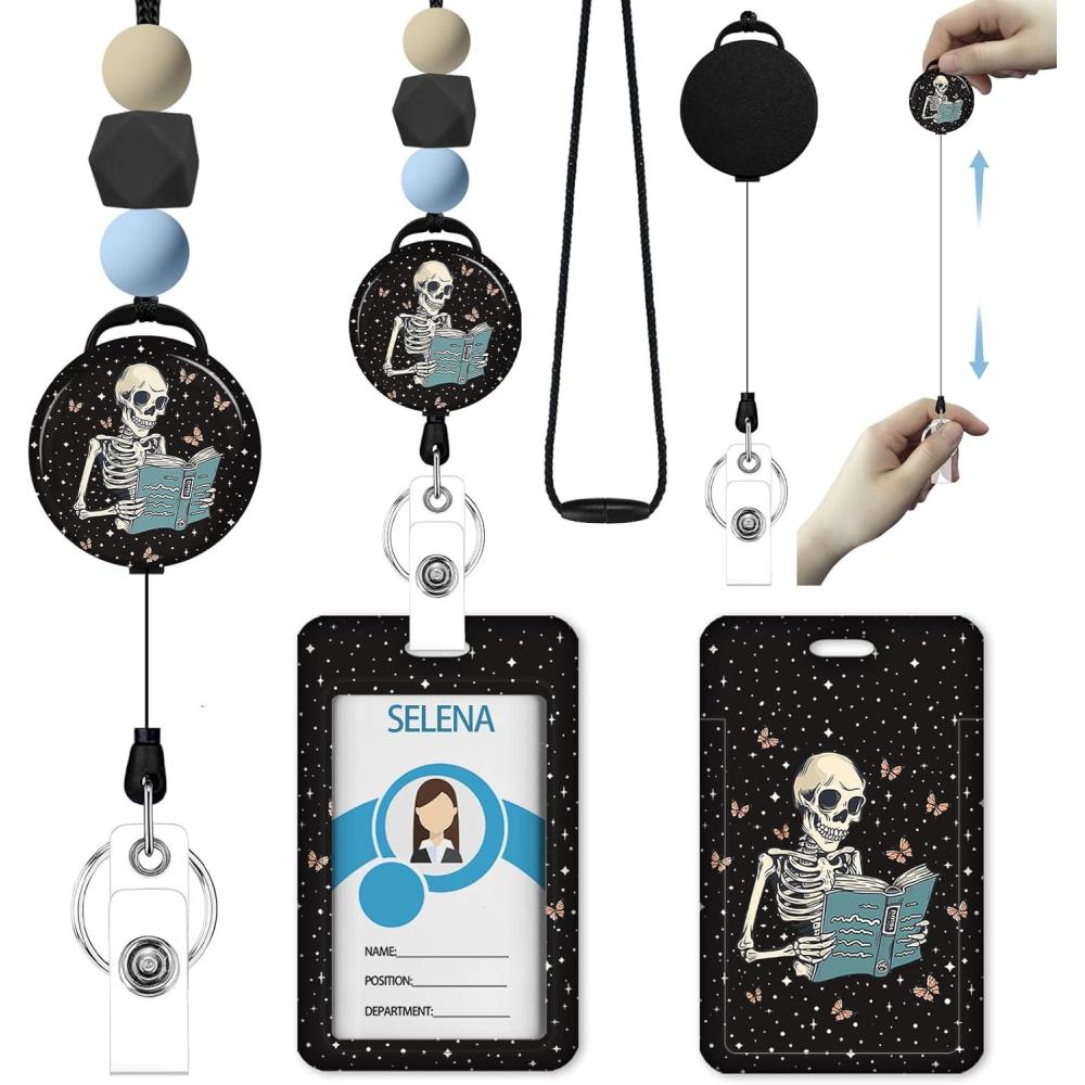 imageTeacher Retractable Lanyards for Id Badges Forest ID Holder with Silicone Beaded Lanyard Badge Reel Retractable Cute Name Tag Work Office Supplies for Men Women Teacher GiftsSkeleton Skull Book