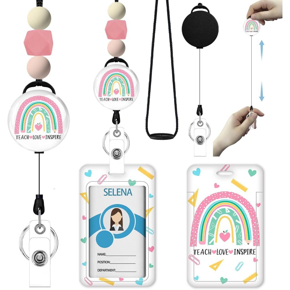 imageTeacher Retractable Lanyards for Id Badges Forest ID Holder with Silicone Beaded Lanyard Badge Reel Retractable Cute Name Tag Work Office Supplies for Men Women Teacher GiftsPink Rainbow
