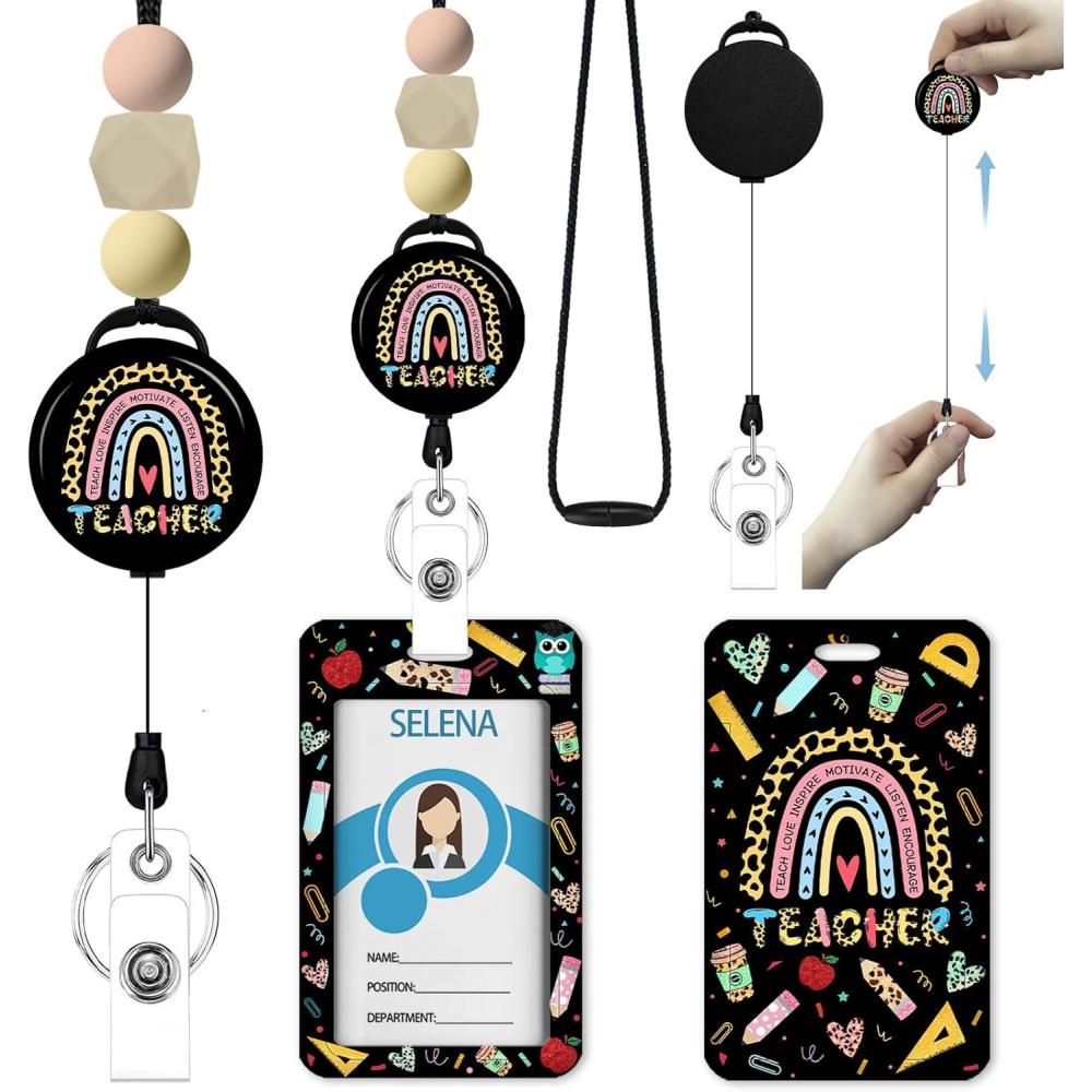 imageTeacher Retractable Lanyards for Id Badges Forest ID Holder with Silicone Beaded Lanyard Badge Reel Retractable Cute Name Tag Work Office Supplies for Men Women Teacher GiftsBlack Teacher Lanyards