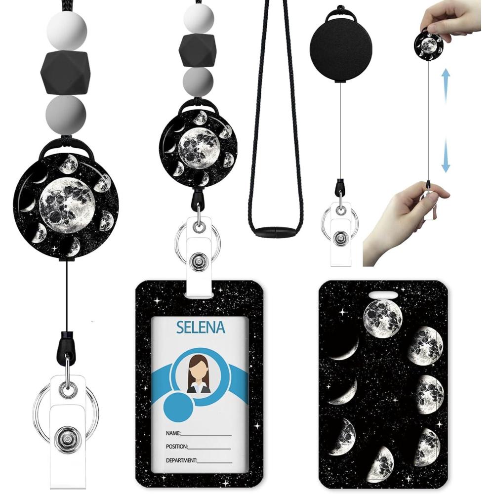 imageTeacher Retractable Lanyards for Id Badges Forest ID Holder with Silicone Beaded Lanyard Badge Reel Retractable Cute Name Tag Work Office Supplies for Men Women Teacher GiftsMoon