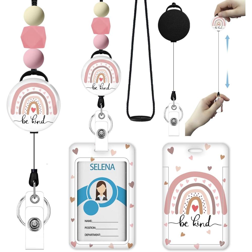imageTeacher Retractable Lanyards for Id Badges Forest ID Holder with Silicone Beaded Lanyard Badge Reel Retractable Cute Name Tag Work Office Supplies for Men Women Teacher GiftsCute Rainbow