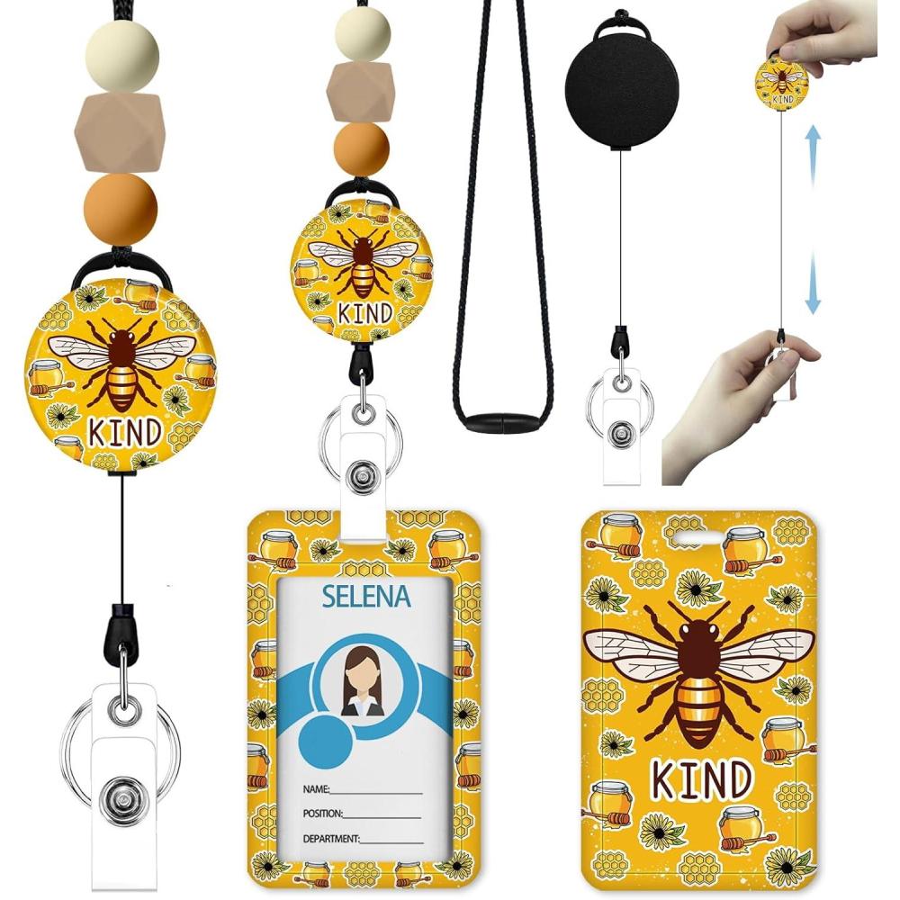 imageTeacher Retractable Lanyards for Id Badges Forest ID Holder with Silicone Beaded Lanyard Badge Reel Retractable Cute Name Tag Work Office Supplies for Men Women Teacher GiftsBee