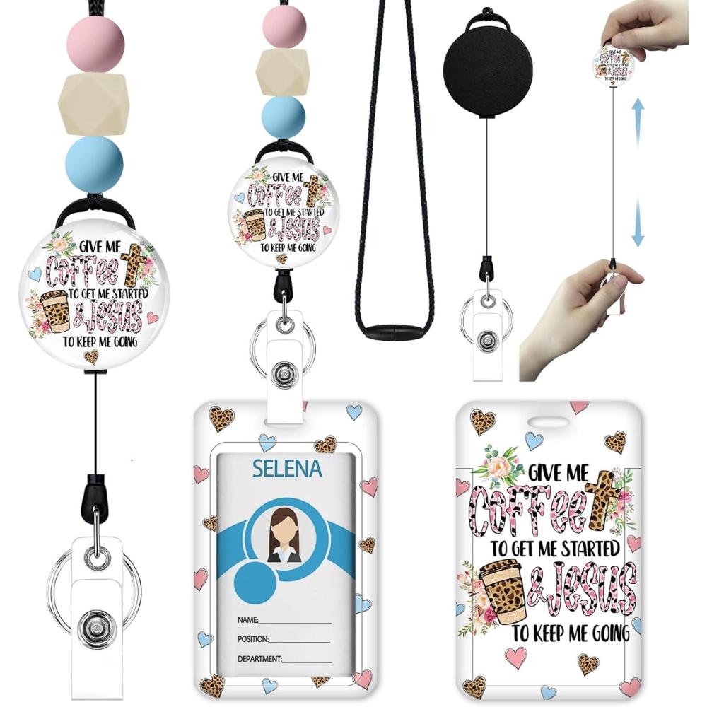 imageTeacher Retractable Lanyards for Id Badges Forest ID Holder with Silicone Beaded Lanyard Badge Reel Retractable Cute Name Tag Work Office Supplies for Men Women Teacher GiftsCoffee