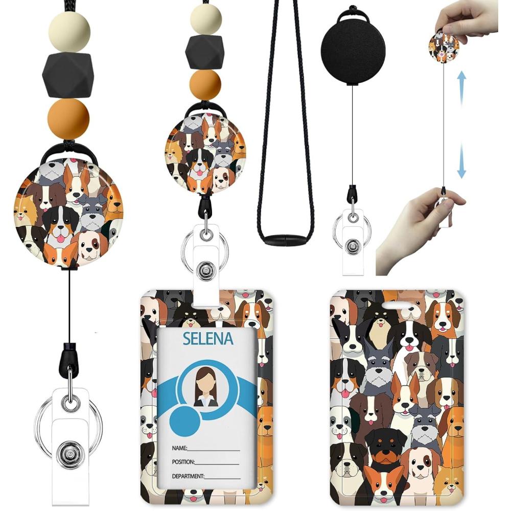 imageTeacher Retractable Lanyards for Id Badges Forest ID Holder with Silicone Beaded Lanyard Badge Reel Retractable Cute Name Tag Work Office Supplies for Men Women Teacher GiftsDogs