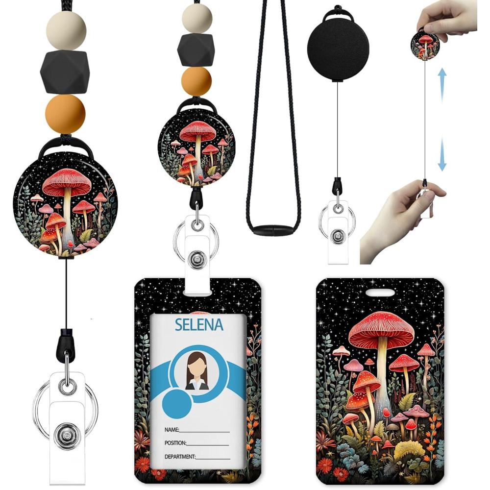imageTeacher Retractable Lanyards for Id Badges Forest ID Holder with Silicone Beaded Lanyard Badge Reel Retractable Cute Name Tag Work Office Supplies for Men Women Teacher GiftsMushroom