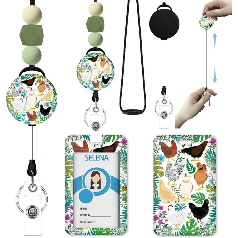 imageTeacher Retractable Lanyards for Id Badges Forest ID Holder with Silicone Beaded Lanyard Badge Reel Retractable Cute Name Tag Work Office Supplies for Men Women Teacher GiftsChicken