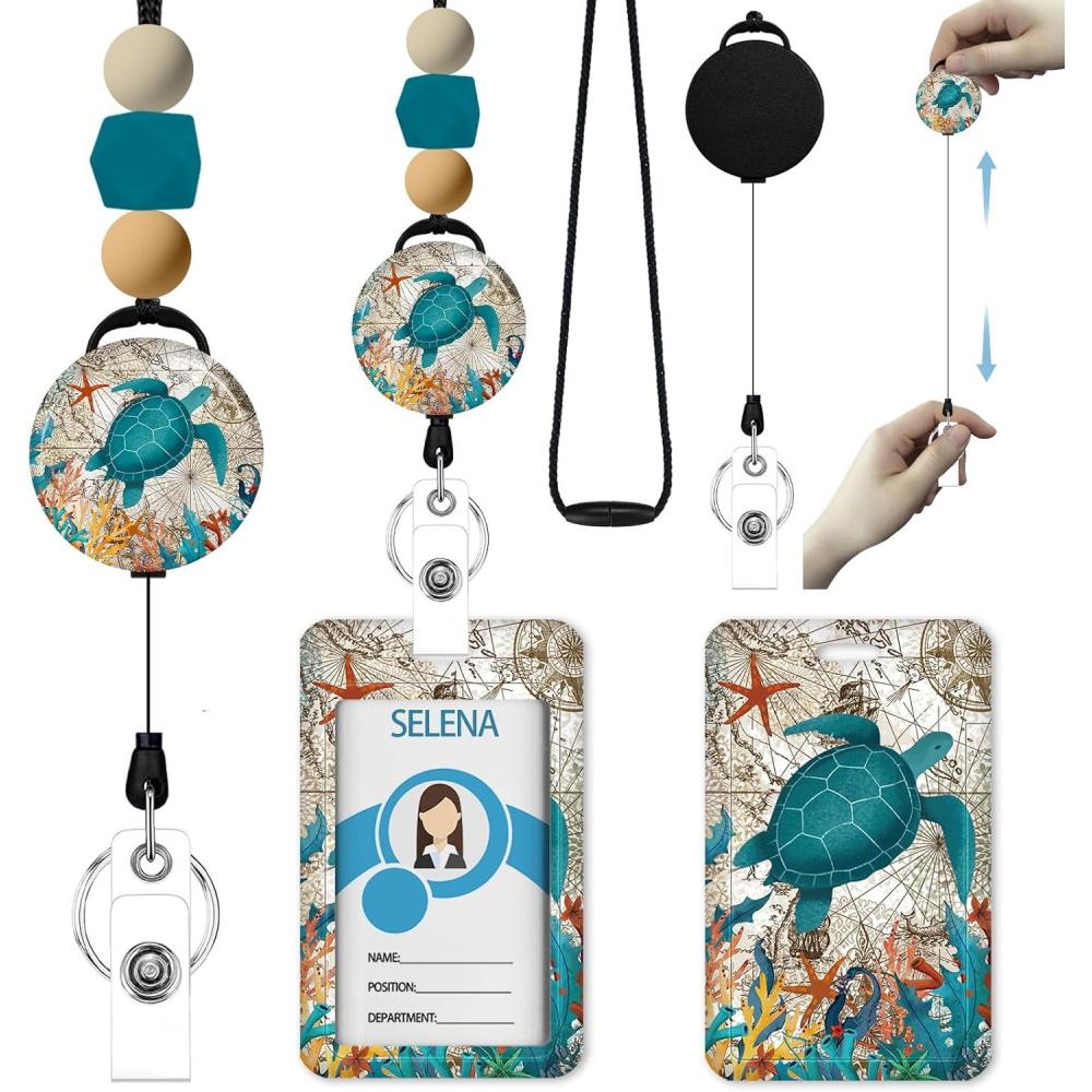 imageTeacher Retractable Lanyards for Id Badges Forest ID Holder with Silicone Beaded Lanyard Badge Reel Retractable Cute Name Tag Work Office Supplies for Men Women Teacher GiftsSea Turtle