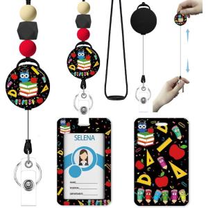 Autism Awareness Lanyards for Id Badges, ID Badge Holder with Silicone Beaded Lanyard Badge Reel Retractable Clip, Cute Lanyard with ID Holder Retractable Keychain Office Name Tag Badge Holder(Owl Teacher)