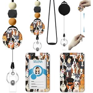 Autism Awareness Lanyards for Id Badges, ID Badge Holder with Silicone Beaded Lanyard Badge Reel Retractable Clip, Cute Lanyard with ID Holder Retractable Keychain Office Name Tag Badge Holder(Dogs)