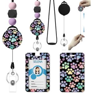 Autism Awareness Lanyards for Id Badges, ID Badge Holder with Silicone Beaded Lanyard Badge Reel Retractable Clip, Cute Lanyard with ID Holder Retractable Keychain Office Name Tag Badge Holder(Dog Paw)