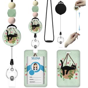 Autism Awareness Lanyards for Id Badges, ID Badge Holder with Silicone Beaded Lanyard Badge Reel Retractable Clip, Cute Lanyard with ID Holder Retractable Keychain Office Name Tag Badge Holder(Leisure Cat)