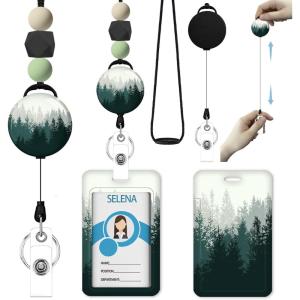 Autism Awareness Lanyards for Id Badges, ID Badge Holder with Silicone Beaded Lanyard Badge Reel Retractable Clip, Cute Lanyard with ID Holder Retractable Keychain Office Name Tag Badge Holder(Forest)
