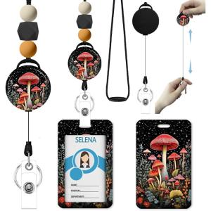 Autism Awareness Lanyards for Id Badges, ID Badge Holder with Silicone Beaded Lanyard Badge Reel Retractable Clip, Cute Lanyard with ID Holder Retractable Keychain Office Name Tag Badge Holder(Mushroom)