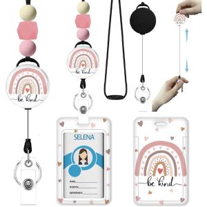 Autism Awareness Lanyards for Id Badges, ID Badge Holder with Silicone Beaded Lanyard Badge Reel Retractable Clip, Cute Lanyard with ID Holder Retractable Keychain Office Name Tag Badge Holder(Cute Rainbow)
