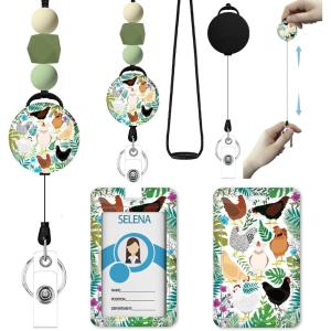 Autism Awareness Lanyards for Id Badges, ID Badge Holder with Silicone Beaded Lanyard Badge Reel Retractable Clip, Cute Lanyard with ID Holder Retractable Keychain Office Name Tag Badge Holder(Chicken)