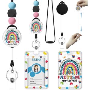 Teacher Retractable Lanyards for Id Badges, Forest ID Holder with Silicone Beaded Lanyard Badge Reel Retractable, Cute Name Tag Work Office Supplies for Men Women Teacher Gifts(Autism Rainbow)