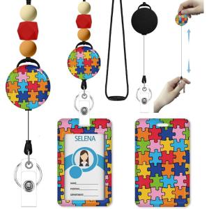 Teacher Retractable Lanyards for Id Badges, Forest ID Holder with Silicone Beaded Lanyard Badge Reel Retractable, Cute Name Tag Work Office Supplies for Men Women Teacher Gifts(Autism Awareness)