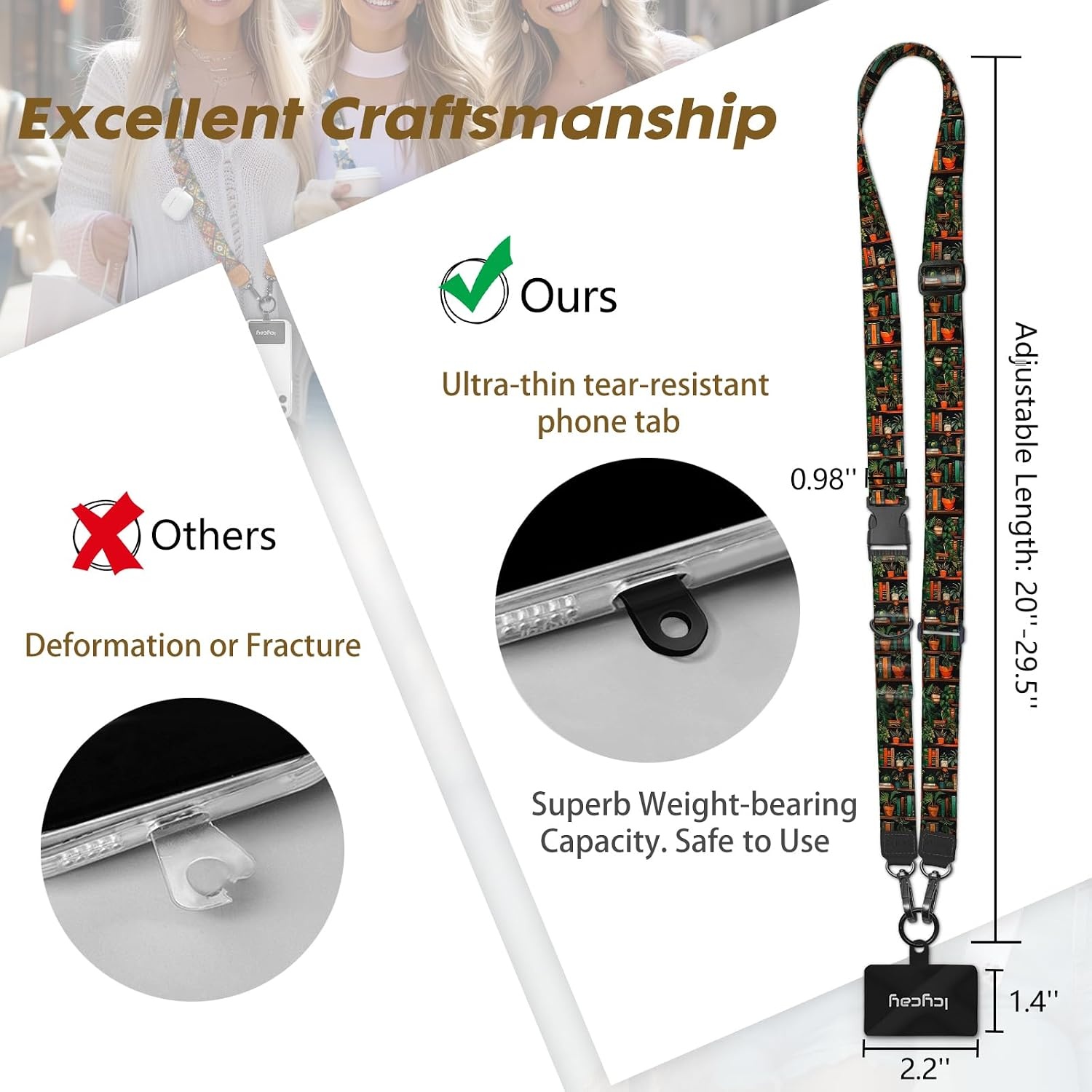 image:imageIcycay Phone Lanyard Crossbody Strap Adjustable Teacher Women CheckeredPlants Bookshelf
