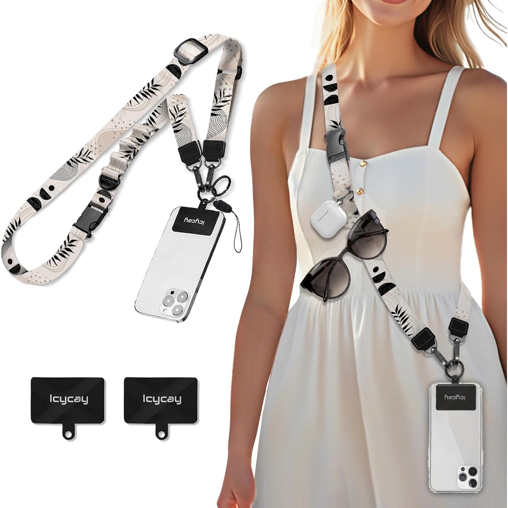 image:imageIcycay Phone Lanyard Crossbody Strap Adjustable Teacher Women CheckeredAbstract Art Leaf Black